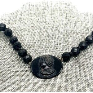 1900s Antique Victorian French Jet Glass Woman Mourning Cameo Choker Necklace